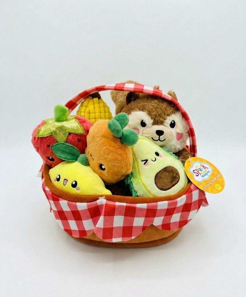 Spark Create Imagine Plush Picnic Playset 7 Piece Toy Basket Fruit Squirrel NWT